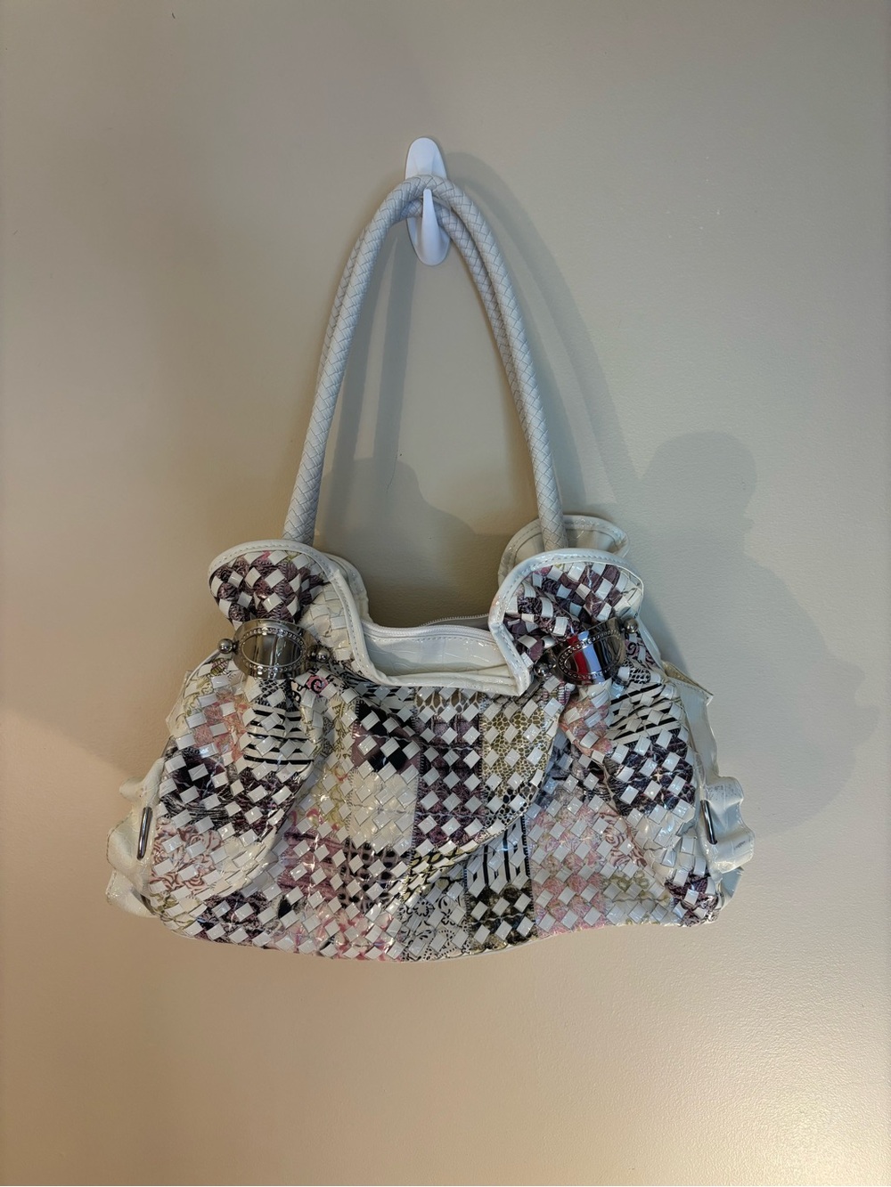 White Woven Shoulder Bag with Pink & Black Accents